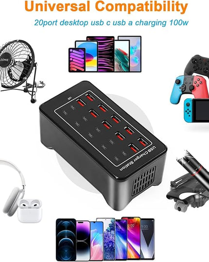 USB C Charger Block 100W USB C Charging Station, 20Port (20A) Multiple Charging Hub Desktop 10 Port USB Charger Compatible for Apple iPhone, iPad, Samsung, Pixel, Cell Phone, Tablets, Office Home Use