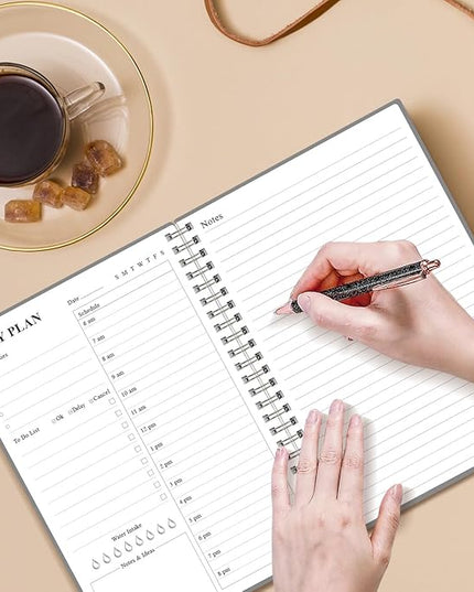 Daily Planner Undated - A5 To Do List Notebook Hourly Schedules, Spiral Appointment Planner for Women and Men, PVC Hardcover, Inner Pocket, Elastic Closure, 5.8" x 8.3", Grey