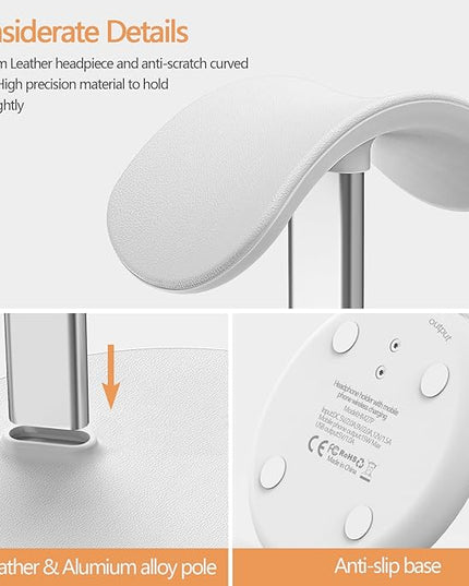 Headphone Stand with Wireless Charger, Gaming Headset Holder Hanger Rack 2 in 1 Wireless Charging Station Dock for iPhone 15/14/13/12/11 Series, AirPods Pro/3/2 and Desk All Headphones, White