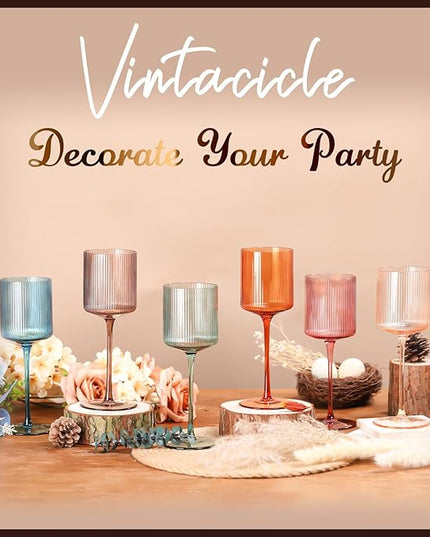 Colored Square Wine Glasses Set of 6, Elegant Ribbed Design Colorful Crystal Glassware with Long Stem, 11.5oz Hand Blown Stemware For Red & White Wine Home Bar Party- Multicolour