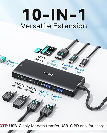 USB C Hub Multiport Adapter, 10-in-1 Laptop USB C Docking Station for Dell/HP Laptop, Type C Dock to 4K HDMI,Ethernet,100W PD,3USB 3.0, 2USB 2.0, SD/TF, Thunderbolt Dock for MacBook, Surface, Lenovo