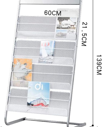 GENMO Floor-Standing Magazine Rack, Carbon Iron Steel, Silver, 4 Large Shelves, Convenient Installation, Suitable for Reception Areas
