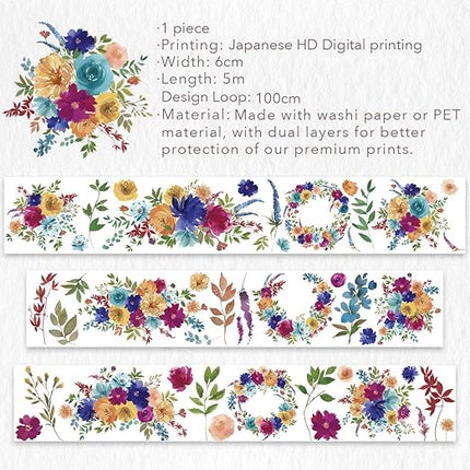 WT Pretty Florals Wide PET Tape, Single Roll, Original Designs, Floral Decorative Tape, Transparent Craft Tape for Bujo Planner & DIY Supplies, Watercolor Flowers
