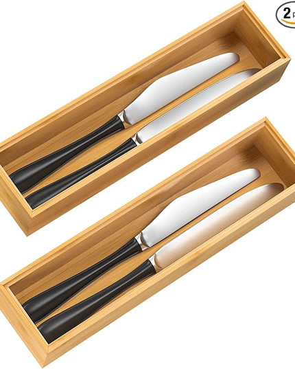 Silverware Tray for Drawer, Stackable Kitchen Bamboo Drawer Organizer 12" x 3" x 2" Set of 2