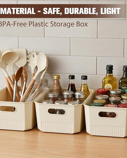 ANMINY 5PCS Plastic Storage Bins Containers with Lids, Large Storage Organization Bins Boxes, Lidded Plastic Storage Baskets for Closet Shelves Drawers Desktop Home Office, Ivory