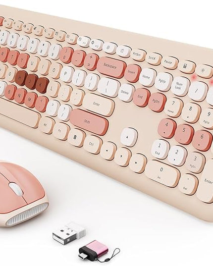 Wireless Keyboard and Mouse Combo, Colorful Ergonomic Full Size Retro Low-Noise Keyboard with Cute keycaps, Compatible with Windows, PC, Perfer for Home and Office Keyboards (Brown)