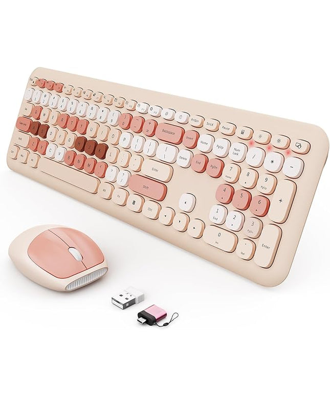 Wireless Keyboard and Mouse Combo, Colorful Ergonomic Full Size Retro Low-Noise Keyboard with Cute keycaps, Compatible with Windows, PC, Perfer for Home and Office Keyboards (Brown)