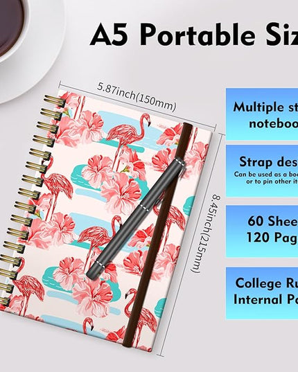 Spiral Journal Notebook, A5 Cute Notebooks for Women Men, College Ruled Hardcover Notebook for Work & Note Taking, 60 Pages Double-Wire Journals for Writing, Cute Flamingo