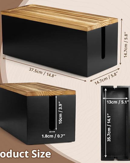 Large Wood Cable Management Box - Cable Organizer Box - 2 Open Slots Cords Hider Box - Under Desk Cord Organizer for Power Strip Extension Cord Surge Protector Charger Wire, Black