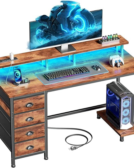 Furologee 47" Computer Desk with 4 Fabric Drawers & Monitor Stand, Gaming Desk with Power Outlets - LED Lights, Home Office Space-Saving Study Table for Bedroom Small Spaces (Rustic Brown)