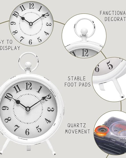 MACVAD Vintage Rustic White Table Clock on Stand, Decorative Desk and Shelf Clock Farmhouse Mantel Clock Rustic Non-Ticking Clock