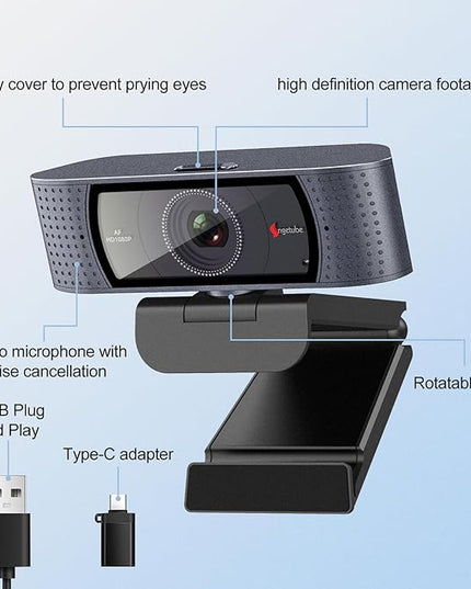 Angetube 1080P HD Webcam with Microphone, Computer Camera, 2 Mics, USB Type-A & A-to-C Adapter, Plug & Play USB PC Camera for Laptop, Web Cam for Online Calling, Zoom/Teams/Facetime, 2025 Version