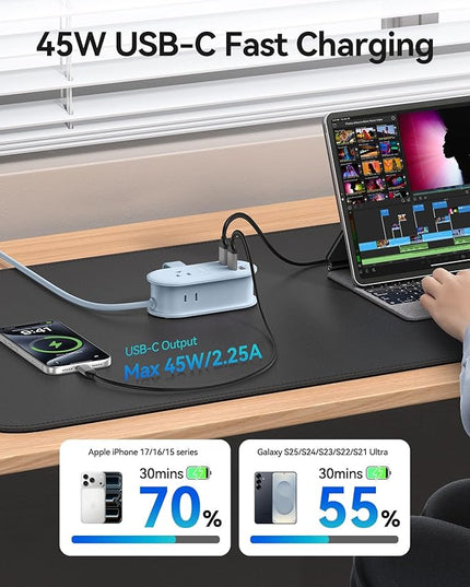 ORICO 45W Power Strip for iPhone 17 and Galaxy S25, 7 in 1 Charging Station with 3AC, 2 USB-A, 2 USB-C, 4ft Thin Extension Cord, Flat Plug Fashion Essential for Travel/Home/Office/Library/Dorm - TK45