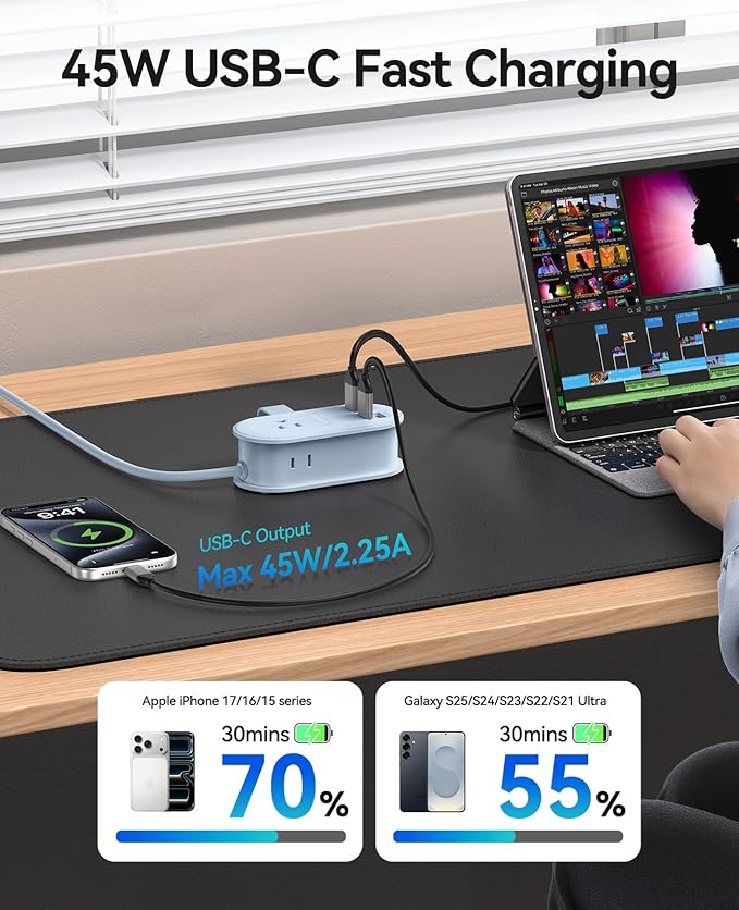 ORICO 45W Power Strip for iPhone 17 and Galaxy S25, 7 in 1 Charging Station with 3AC, 2 USB-A, 2 USB-C, 4ft Thin Extension Cord, Flat Plug Fashion Essential for Travel/Home/Office/Library/Dorm - TK45
