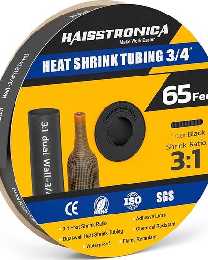 haisstronica 3:1 Heat Shrink Tubing, Shrink Ratio Adhesive Lined Marine Grade Heat Shrink Tube for Home, Automotive and Industrial (Black) 65FT 3/4inch