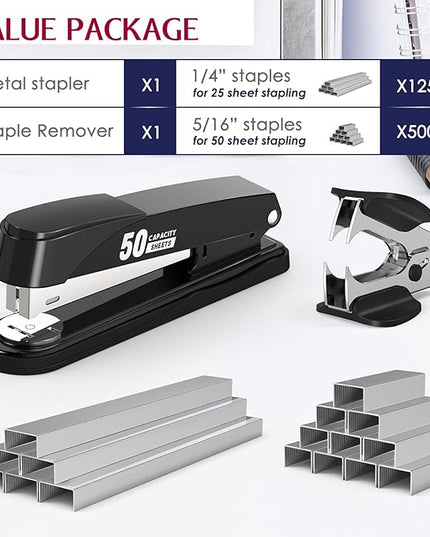 Metal Stapler Heavy Duty 50 Sheet Capacity with 1750 Staples and Staple Remover, Full Strip Staplers for Desk, No Jam, Non-Slip for Office & Classroom, Black