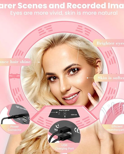 22" Foldable Ring Light with Stand for iPhone ipad, 75" Tripod with Wheels 50W 6500K LED Display/2 USB Ports Large Ringlight Rolling, Tattoo Barber Makeup Studio Video Photography Lighting(Pink)