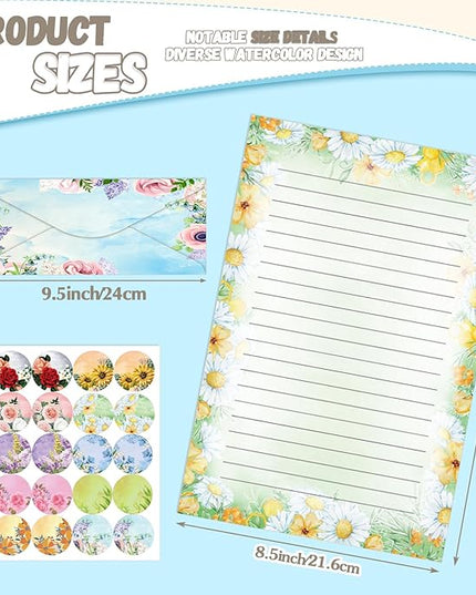 TaoBary 160 Pcs Stationery Paper Set 50 Double Sided Stationery Papers with 50 Matching Envelopes and 60 Round Dot Sticker, 10 Design(Flower,8.5 x 11 Inch)