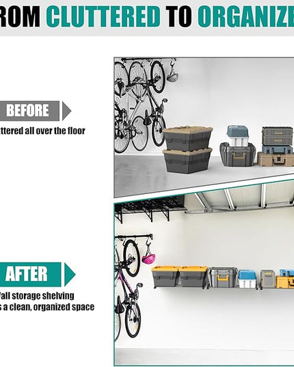 EVERHANGER Wall Mount Garage Storage Shelves, 33in x 24in Heavy Duty Shelf Organizer for Storage Bins, Power Tools, Holds 525lbs, 2 Pack Black