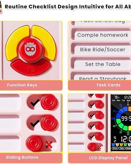 ADHD Tool for Kids, 5-in-1 Visual Timer with Chore Chart Board, Visual Schedule for Kids, 12/24 Task Timer with 99'59'' Countdown/Countup, 5 Alarms, Silent Operation Visual Schedule for Autism - Pink