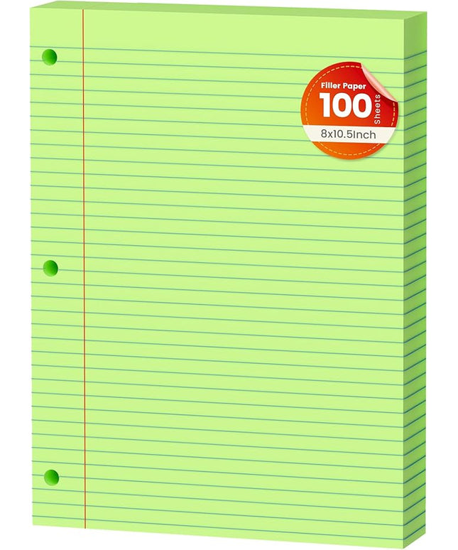 Green Loose Leaf Paper 100 Sheets Colored Filler Paper 8 * 10.5 College Ruled 3-Hole Punched for 3-Ring Binders Notebook Lined 8" x 10.5"