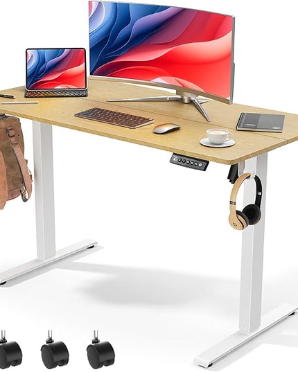 48 x 24 inch Electric Standing Desk Adjustable Height with 4 Wheels, 4 Memory Height Settings, 2 Headphone Hook, Home Office Desk, Splice Board Oak