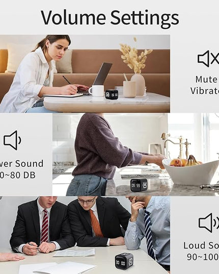 Productivity Timer Flip Gravity Sensor Cube Timer Countdown & Countup,Mute & Vibrate & Sound，5/10/30/60min & Custom Timing, Perfect for ADHD,Work,Learning,Kitchen Cooking (2 Black)