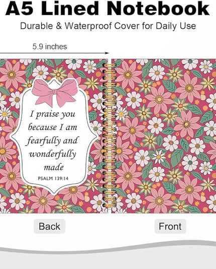 I Praise You Because I am Fearfully and Wonderfully Made Spiral Notebook, Coquette Floral Christian Notebook for Women Girls, Pink Bow School Supplies, Preppy Bible Gifts for Coquette Bow Lover