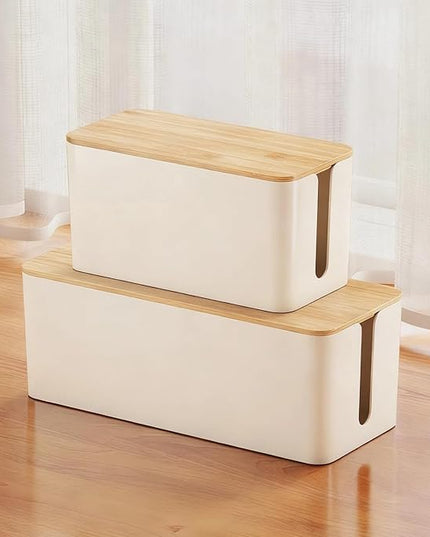 Delamu 2 Pack Cable Management Box Wooden, Wood Box with Lid Safe ABS Cord Hider Box Medium and Small Cable Organizers for Cords, Cable Raceways Power Strip Cover Box Baby Pet Proof for Home Office