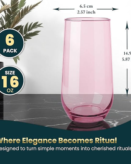 Pink Drinking Glasses Set of 6 | 16 oz Pink Glass Cups for Cocktails, Barware, Juice, Ice Tea, Water, Tumblers & Highball | Elegant Drinkware for Parties and Everyday Use