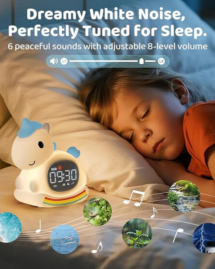 Alarm Clock with Night Light for Kids with Sleep Training and Sound Machine, Rechargeable Silicone Lamp OK to Wake Clock，Cute Animal Tabletop Lamp, Perfect Sleep Companion for Boys Girls，Blue Pony
