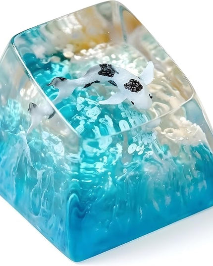 Kohaku Koi Artisan Keycap Light Yellow Blue Ocean R1 SA Profile Custom Keycaps 1U ESC Handmade Gaming Resin Key Cap Cherry MX Switch Compatible Mechanical Keyboard Koi Lover Gift