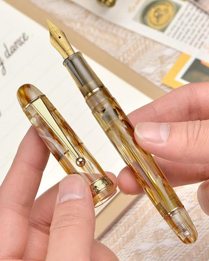 Asvine V126 Vacuum Filling Fountain Pen, Brown Swirl Acrylic Stub Nib 1.1mm Calligraphy Art Drawing with Case Set
