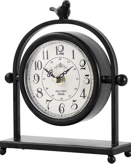 MODE HOME Silent Battery Operated Black Metal Analog Desk Clock with Bird, Small Table Clock for Farmhouse Decor, Mantel Shelf, Home and Living Room
