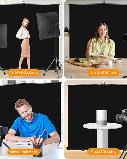 FUDESY 78.7 x 93in Large Collapsible Black Backdrop Screen, Portable Retractable Pull Up Panel Wrinkle-Resistant Photo Background for Streaming, Video Conference, Photographic Studio