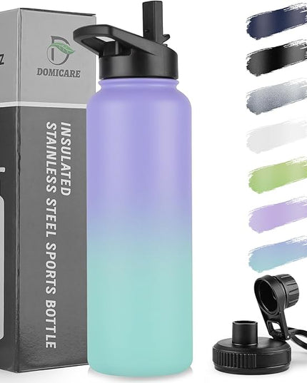 DOMICARE 40 oz Insulated Water Bottle, Vacuum Insulated Stainless Steel Sports Water Bottle with Straw Lid & Spout Lid, Leakproof, Reusable - Travel, Camping, Bike, Purple Green Gradient