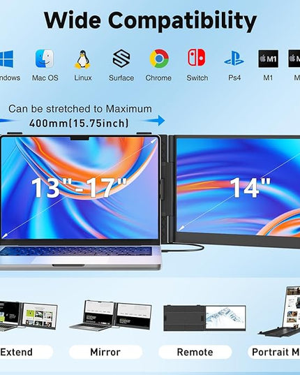 KEFEYA Laptop Screen Extender, 14" FHD 1080P Portable Monitor for Laptops, 0.19" Ultra-Thin Laptop Monitor Extender for 13-17" with USB-C/HDMI Port, Plug n Play for Windows/Mac/Android/Switch/PS5