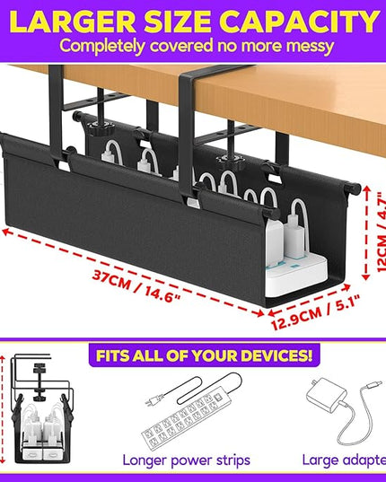 Under Desk Cable Management Tray, REFLYING 14.6" Cable Management Under Desk No Drill,Adjustable Clamp Cord Wire Organizer, Cord Hider for Standing Table, Wire Hider for Office,Home (Small)