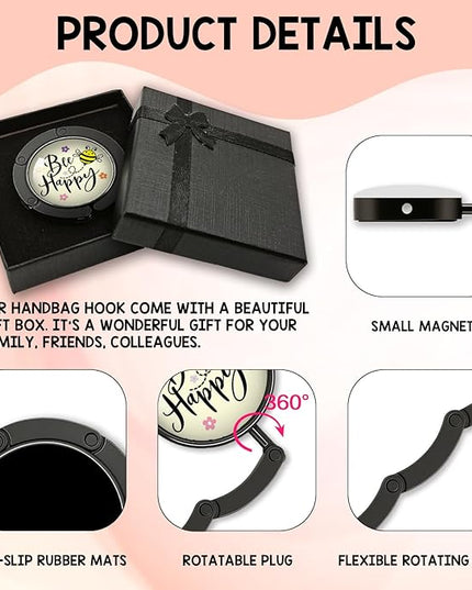 YAZMEEN Cute Honey Bee Foldable Purse Hook for Table, Bee Happy, Women's Handbag Hanger Holder, Portable Purse Table Hanger, Funny Desk Hook Gifts for Women Mom Wife Sister Friend Bestie Coworker