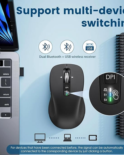 Wireless Bluetooth Mouse (USB + BT1 + BT2), Full Size, 4-Way Scrolling, Multi-Device Silent Mouse for Computer, Laptop, iPad, MacBook (Black)