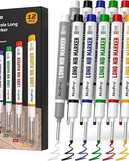 Nicpro 12 PCS Long Nib Marker Pens, 20mm Deep Hole Markers, Quick Dry & Waterproof Construction Marker, Long Head Mark Pens for Metal, Steel, Tile, Glass, Carpenter Marking Tool for Woodworking