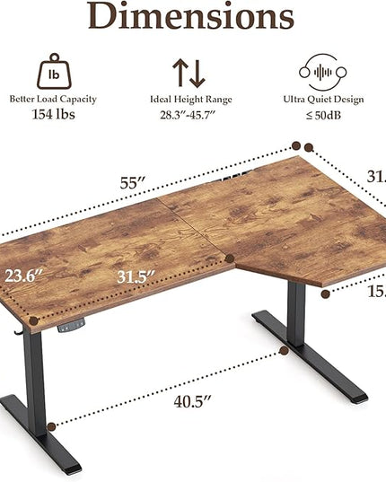 Klicelor 55 Inch L Shaped Standing Desk, Adjustable Height Corner Desk for Home Office Workstation, Sit Stand Desk with Two-Piece Desktop, Rustic Brown