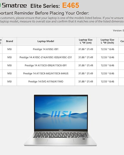 Smatree Laptop Sleeve for 14 inch MSI Prestige 14 A11SCX/A10SC, for 14 inch MSI Prestige 14 EVO A11M, Case with Accessory Pocket, YKK Zipper, Patented Shockproof Design (E465)