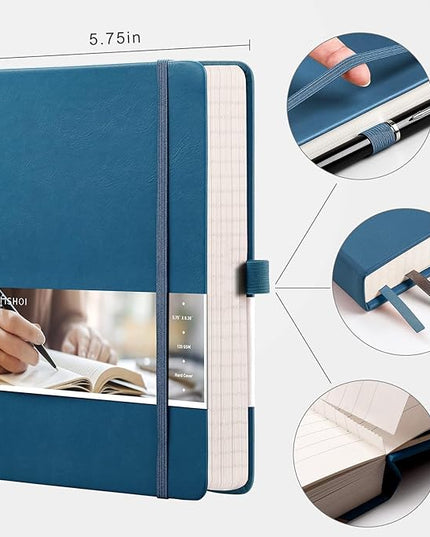 EMSHOI College Ruled Notebook Lined Journal - 120gsm Thick 256 Numbered Pages, A5 Hardcover Leather Writing Notebook for Work School Travel Women & Men - with Sticky Notes, 5.75"x8.38", LightBlue