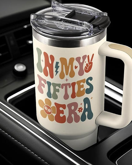 Shqiueos 50th Birthday Gifts for Her 40oz Tumbler with Handle and Straw Lid, 50 Year Old Gifts for Women, Mom, Wife, Sister, Friend, 50s Birthday Decoration-In My Fifties Era Cup Water Bottle