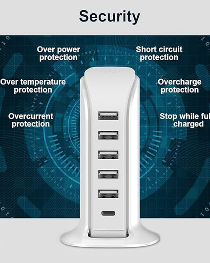 Charging Station for Multiple Devices 40W Upoy, Wall Charger Block 5 USB Ports(Shared 6A), USB Charging Hub Smart IC, Charger Tower with Type-C 3A for iPhone iPad Tablets Smartphones, Home Office Use