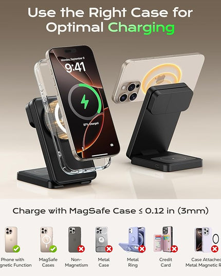 3 in 1 Magnetic Charging Station, 15W Fast Wireless Charger Compatible with MagSafe Charger Stand for iPhone 17 16 15 14 13 12, Apple Watch Charger & AirPods, Foldable Travel Charging Dock, Black