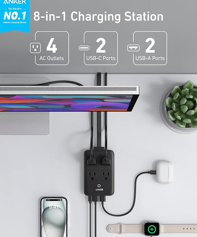 Anker Charging Station, 20W Max 8-in-1 USB-C Power Strip for iPhone 15/14 and MacBook Air/Pro, 5 ft Thin Cord with 4 AC, 2 USB-A, and 2 USB-C Ports, Fast Charging Desktop Charger for Travel, Office