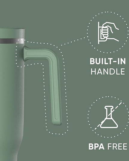 Hydrapeak Voyager 40 Oz Stainless Steel Tumbler with Handle, Insulated Water Bottle With Straw & Lid, Cupholder Friendly Reusable Travel Mug (Sage)