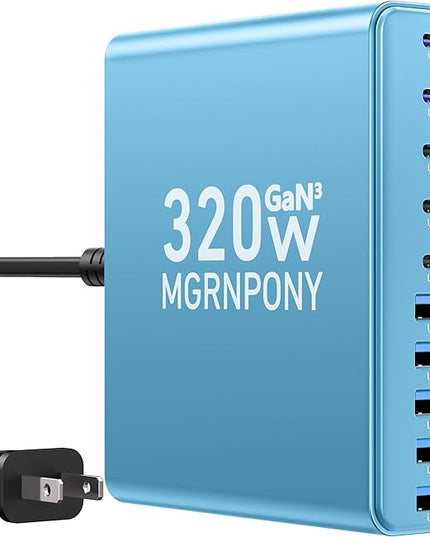 320W USB C Charger Block, 10-Port USB C Charging Station GaN III PD 65W PC Laptop Fast Charger Adapter for MacBook Pro/Air, DELL, iPad, iPhone, Samsung Galaxy (Light Blue)